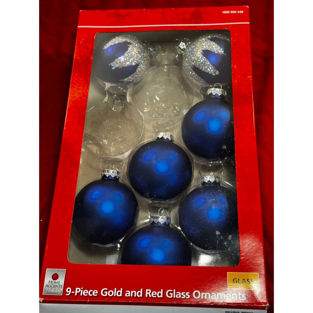Home Accents Holiday Blue Glass Ornaments Set of 7 Glitter and Frosted Dots